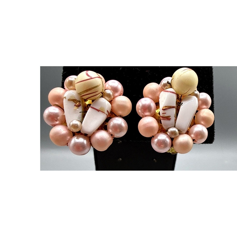 Vintage Japan Pink Faux Pearl Hand Painted Cluster Clip On Earrings Gold Tone